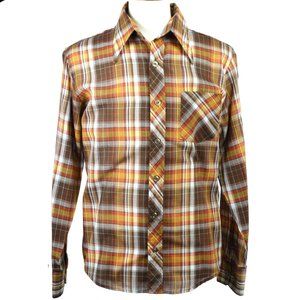 Vintage 70s Shirt H.I.S. Plaid Orange Brown Size LARGE L Large Collar USA
